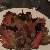 An Autumn Plate: The leaves were taped down so we didn't eat the wrong thing. We had treats at our 6 o'clock, 9, 12, and 3 o'clock. Fruit leather leaves, fried leaves with ants...wow.