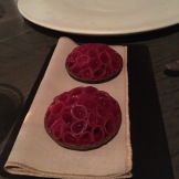 Radish Pie: Someone rolled these individual slices of radishes into these seaweed based tartlets. The radishes are very red because they are soaked in beet juice.