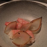 Langoustine, Onion and Lavender: Corey's favorite dish of the night! Lavender oil- who knew we should be cooking with it!